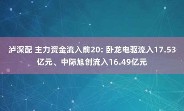 泸深配 主力资金流入前20: 卧龙电驱流入17.53亿元、中际旭创流入16.49亿元